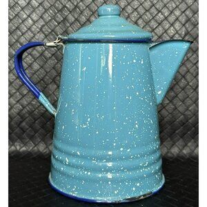 Vintage Robin Egg Blue Speckled Graniteware Enamel Coffee Pot Cobalt Handle